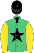 Emerald green, black star, yellow sleeves, black cap