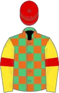 Emerald Green and Orange check, Yellow sleeves, Red armlets, Red cap