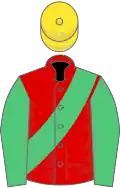 Red, emerald green sash and sleeves, yellow cap