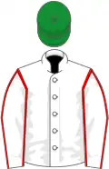 White, red seams on sleeves, green cap