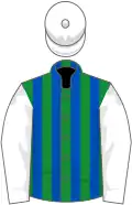 Green and royal blue stripes, white sleeves and cap