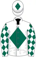 White, dark green diamond, diamonds on sleeves, white cap, dark green diamond