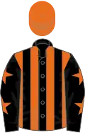 Black and orange stripes, black sleeves, orange stars, orange cap