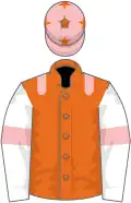 Orange, pink epaulets, white sleeves, pink armlets, pink cap, orange stars