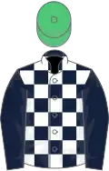 Dark blue and white check, dark blue sleeves, emerald green cap