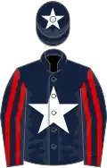 Dark blue, white star, red striped sleeves, white star on cap