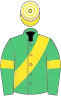 Emerald green, yellow sash and armlets, yellow and white hooped cap