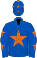 Royal blue, orange star, royal blue sleeves, orange stars, royal blue cap, orange stars