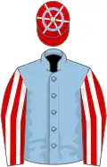 Light blue, red and white striped sleeves, red cap, white seams, blue hoop