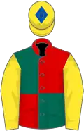Red and dark green (quartered), yellow sleeves, yellow cap, royal blue diamond