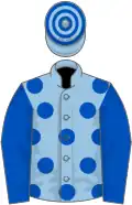 Light blue, royal blue spots and sleeves, hooped cap
