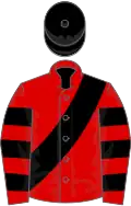Red, black sash, hooped sleeves, black cap