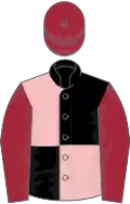 Black and pink (quartered), maroon sleeves and cap