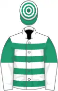 White, emerald green hoops, emerald green and white halved sleeves, emerald green and white hooped cap