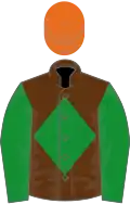 Brown, green diamond and sleeves, orange cap