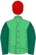 Emerald green, dark green sleeves, red cap