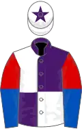 Purple and white (quartered), red and royal blue halved sleeves, white cap, purple star