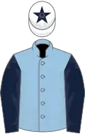 Light blue, dark blue sleeves, white cap, dark blue star