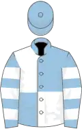 Light blue and white (quartered), hooped sleeves, light blue cap