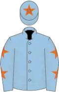 Light blue, orange stars on sleeves, light blue cap, orange star
