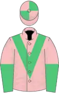 Pink, emerald green chevron, halved sleeves, pink and emerald green quartered cap
