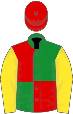 Green and red (quartered), yellow sleeves, red cap