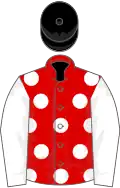 Red, white spots, white sleeves, black cap