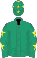 Emerald green, yellow stars on sleeves, yellow stars on cap