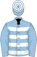 Light blue and white hoops, light blue sleeves, hooped cap