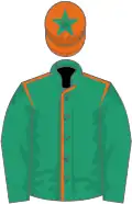 Emerald green, orange seams, emerald green sleeves, orange cap, emerald green star