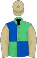Green, blue quartered, cream sleeves, cream cap