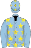 Light blue, yellow stars, light blue sleeves