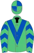 EMERALD GREEN, royal blue chevron and chevrons on sleeves, quartered cap