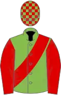 Light Green, Red sash and sleeves, check cap