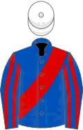 Royal Blue, Red sash, striped sleeves, White cap
