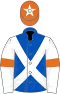 Royal blue, white cross belts, white sleeves, orange armlets, orange cap, white star