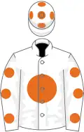 White, orange disc and spots on sleeves, white cap, orange spots