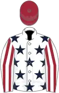 White, dark blue stars, white and maroon striped sleeves, maroon cap
