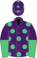 PURPLE, emerald green spots, halved sleeves, purple cap, emerald green stars