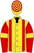 Yellow, red braces, red sleeves, yellow armlets, yellow and red hooped cap