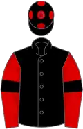 Black, red sleeves, black armlets, black cap, red spots