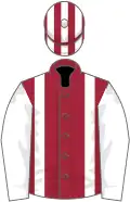 MAROON, white braces and sleeves, striped cap