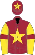 Maroon, yellow star on body and cap, yellow sleeves, maroon armlets