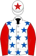 White, royal blue stars, red sleeves, white cap, red star