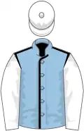 Light blue, black seams, white sleeves and cap