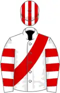 White, red sash, hooped sleeves, striped cap