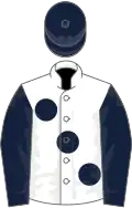 WHITE, large dark blue spots and sleeves, dark blue cap