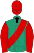 Emerald green, red sash, sleeves and cap