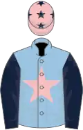 Light blue, pink star, dark blue sleeves, pink cap, dark blue stars