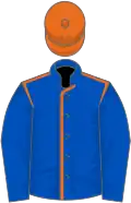 Royal blue, orange seams, royal blue sleeves, orange cap
